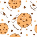 Vector seamless pattern smiling cookies with milk. Funny cute cookies with chocolate chips on a white background.